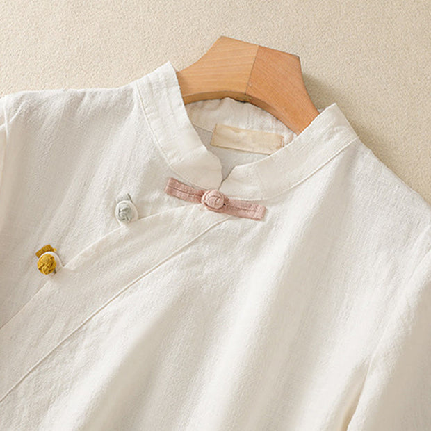Buddha Stones Casual Plain Slant Stand Collar Collar Colorful Frog-Button Tang Suit Women's Cotton Linen Three Quarter Sleeve Shirt Cardigan