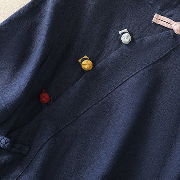 Buddha Stones Casual Plain Slant Stand Collar Collar Colorful Frog-Button Tang Suit Women's Cotton Linen Three Quarter Sleeve Shirt Cardigan