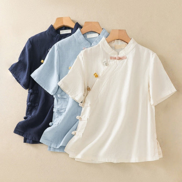 Buddha Stones Casual Plain Slant Stand Collar Collar Colorful Frog-Button Tang Suit Women's Cotton Linen Three Quarter Sleeve Shirt Cardigan