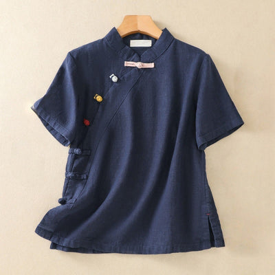 Buddha Stones Casual Plain Slant Stand Collar Collar Colorful Frog-Button Tang Suit Women's Cotton Linen Three Quarter Sleeve Shirt Cardigan