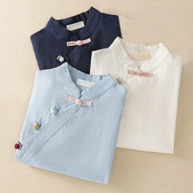 Buddha Stones Casual Plain Slant Stand Collar Collar Colorful Frog-Button Tang Suit Women's Cotton Linen Three Quarter Sleeve Shirt Cardigan