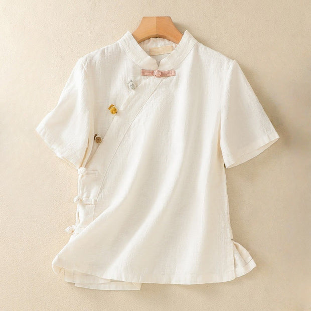 Buddha Stones Casual Plain Slant Stand Collar Collar Colorful Frog-Button Tang Suit Women's Cotton Linen Three Quarter Sleeve Shirt Cardigan
