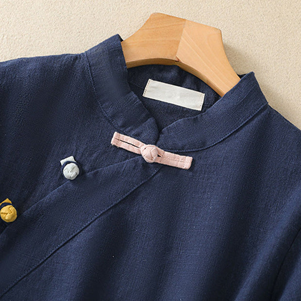 Buddha Stones Casual Plain Slant Stand Collar Collar Colorful Frog-Button Tang Suit Women's Cotton Linen Three Quarter Sleeve Shirt Cardigan