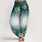 Buddha Stones Casual Roses Leaves Pattern Women's Elastic Waist Harem Pants