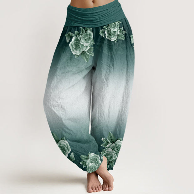 Buddha Stones Casual Roses Leaves Pattern Women's Elastic Waist Harem Pants