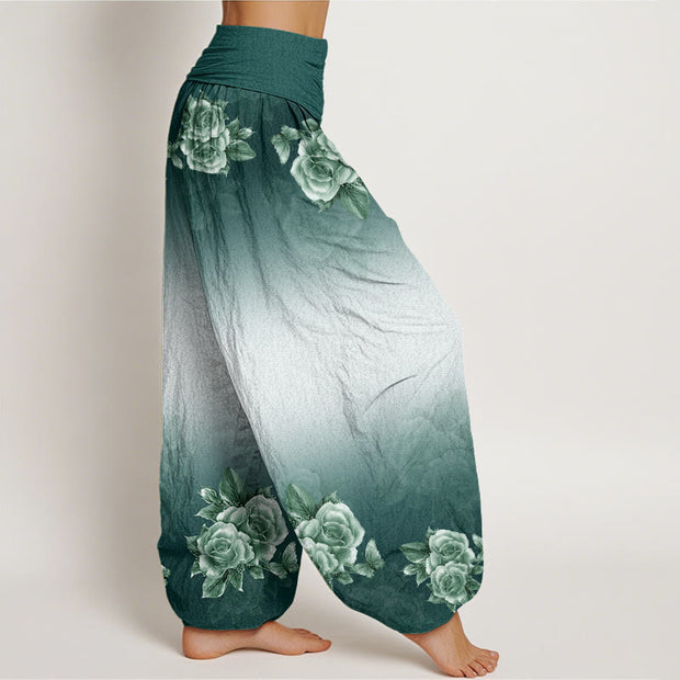 Buddha Stones Casual Roses Leaves Pattern Women's Elastic Waist Harem Pants