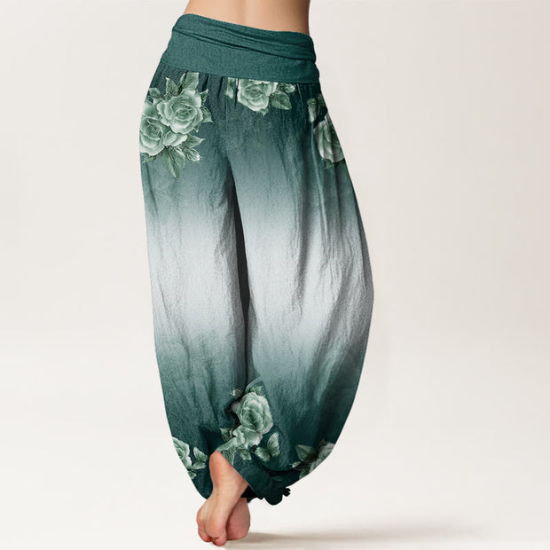 Buddha Stones Casual Roses Leaves Pattern Women's Elastic Waist Harem Pants