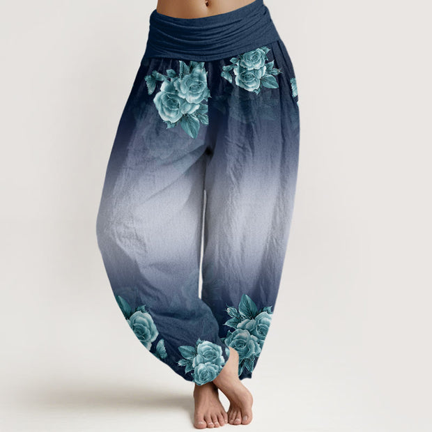 Buddha Stones Casual Roses Leaves Pattern Women's Elastic Waist Harem Pants