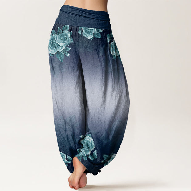 Buddha Stones Casual Roses Leaves Pattern Women's Elastic Waist Harem Pants