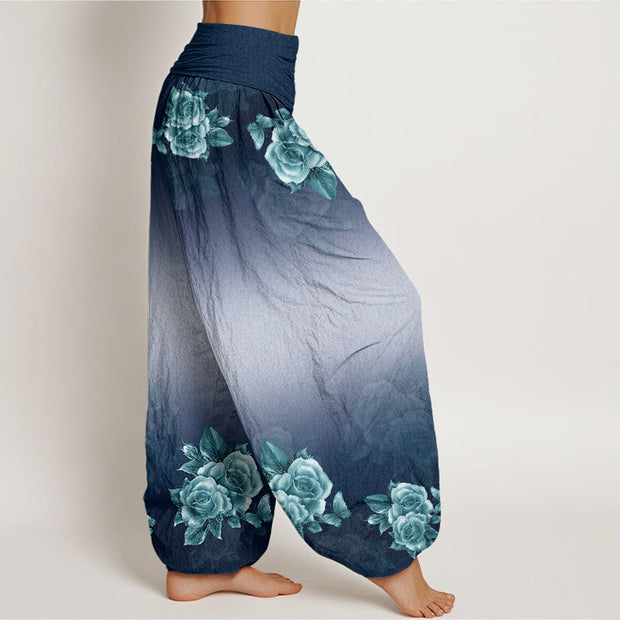 Buddha Stones Casual Roses Leaves Pattern Women's Elastic Waist Harem Pants