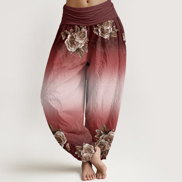 Buddha Stones Casual Roses Leaves Pattern Women's Elastic Waist Harem Pants