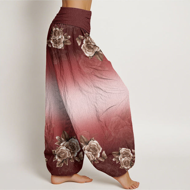 Buddha Stones Casual Roses Leaves Pattern Women's Elastic Waist Harem Pants - image 9