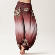 Buddha Stones Casual Roses Leaves Pattern Women's Elastic Waist Harem Pants