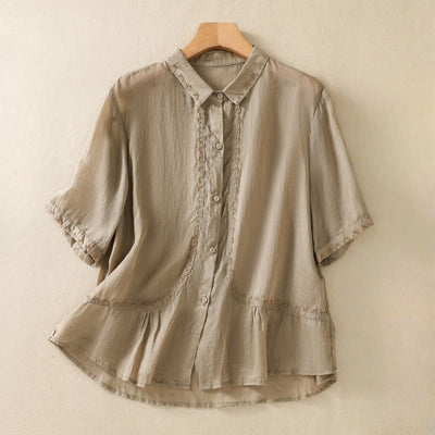 Buddha Stones Casual Artistic Embroidery Button Front Lapel Women's Cotton Linen Half Sleeve Shirt Cardigan