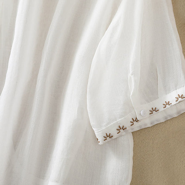 Buddha Stones Casual Artistic Embroidery Button Front Lapel Women's Cotton Linen Half Sleeve Shirt Cardigan