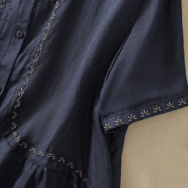 Buddha Stones Casual Artistic Embroidery Button Front Lapel Women's Cotton Linen Half Sleeve Shirt Cardigan