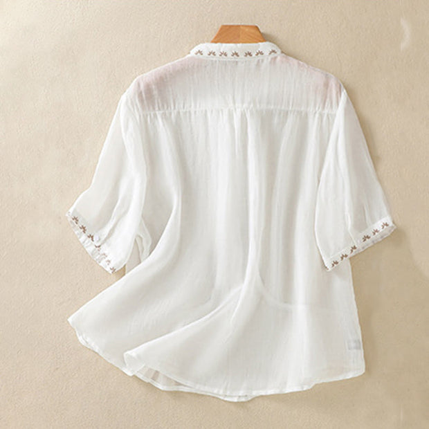 Buddha Stones Casual Artistic Embroidery Button Front Lapel Women's Cotton Linen Half Sleeve Shirt Cardigan