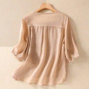 Buddha Stones Summer Retro Artistic Embroidery Crew Neck Women's Cotton Linen Half Sleeve T-Shirt