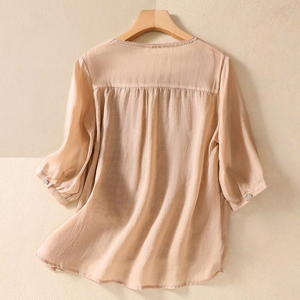 Buddha Stones Summer Retro Artistic Embroidery Crew Neck Women's Cotton Linen Half Sleeve T-Shirt