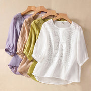 Buddha Stones Summer Retro Artistic Embroidery Crew Neck Women's Cotton Linen Half Sleeve T-Shirt