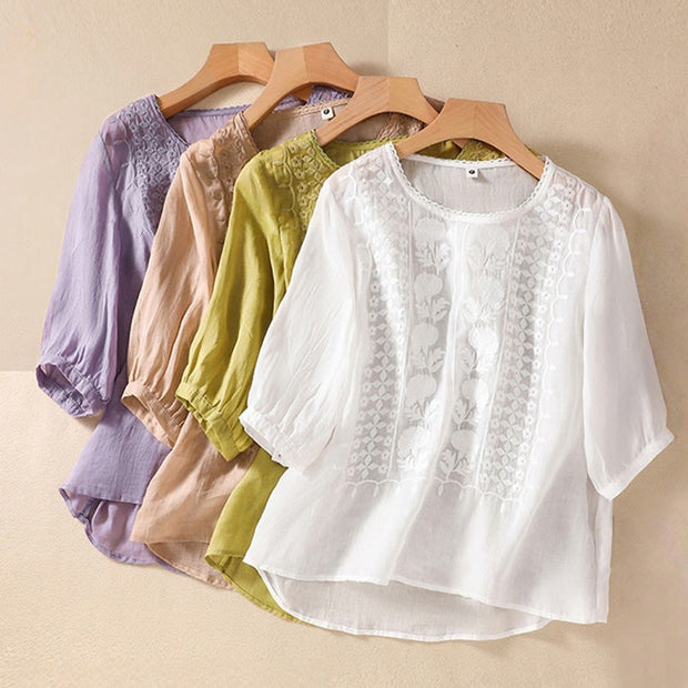 Buddha Stones Summer Retro Artistic Embroidery Crew Neck Women's Cotton Linen Half Sleeve T-Shirt