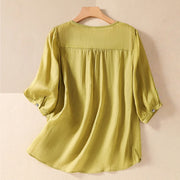 Buddha Stones Summer Retro Artistic Embroidery Crew Neck Women's Cotton Linen Half Sleeve T-Shirt