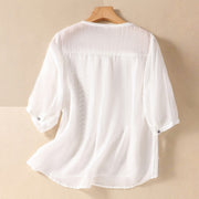 Buddha Stones Summer Retro Artistic Embroidery Crew Neck Women's Cotton Linen Half Sleeve T-Shirt