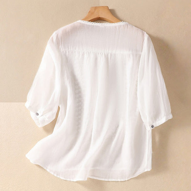 Buddha Stones Summer Retro Artistic Embroidery Crew Neck Women's Cotton Linen Half Sleeve T-Shirt