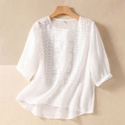 Buddha Stones Summer Retro Artistic Embroidery Crew Neck Women's Cotton Linen Half Sleeve T-Shirt