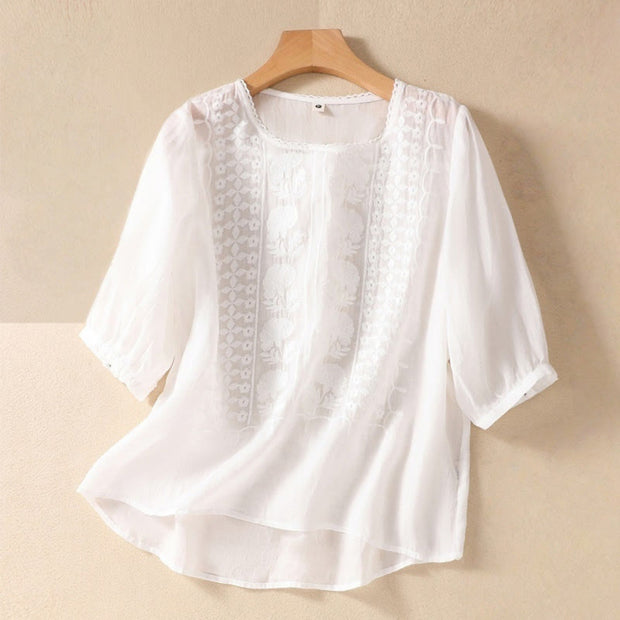 Buddha Stones Summer Retro Artistic Embroidery Crew Neck Women's Cotton Linen Half Sleeve T-Shirt