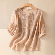 Buddha Stones Summer Retro Artistic Embroidery Crew Neck Women's Cotton Linen Half Sleeve T-Shirt