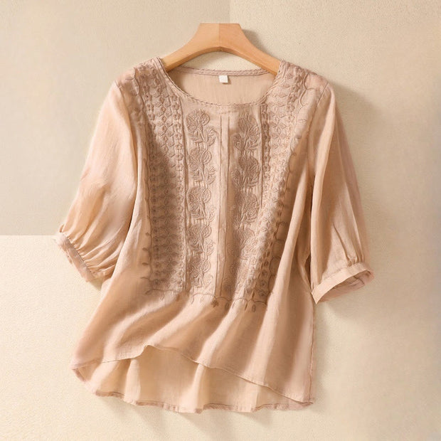 Buddha Stones Summer Retro Artistic Embroidery Crew Neck Women's Cotton Linen Half Sleeve T-Shirt