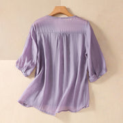 Buddha Stones Summer Retro Artistic Embroidery Crew Neck Women's Cotton Linen Half Sleeve T-Shirt