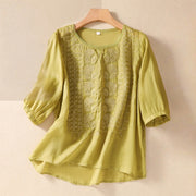 Buddha Stones Summer Retro Artistic Embroidery Crew Neck Women's Cotton Linen Half Sleeve T-Shirt