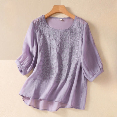 Buddha Stones Summer Retro Artistic Embroidery Crew Neck Women's Cotton Linen Half Sleeve T-Shirt
