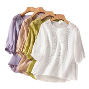Buddha Stones Summer Retro Artistic Embroidery Crew Neck Women's Cotton Linen Half Sleeve T-Shirt