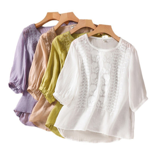 Buddha Stones Summer Retro Artistic Embroidery Crew Neck Women's Cotton Linen Half Sleeve T-Shirt