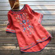 Buddha Stones Retro Artistic Embroidery Floral Pattern Crew Neck Women's Cotton Linen Short Sleeve T-Shirt