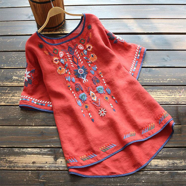 Buddha Stones Retro Artistic Embroidery Floral Pattern Crew Neck Women's Cotton Linen Short Sleeve T-Shirt