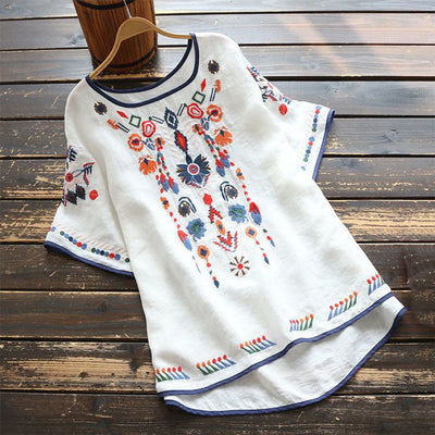 Buddha Stones Retro Artistic Embroidery Floral Pattern Crew Neck Women's Cotton Linen Short Sleeve T-Shirt