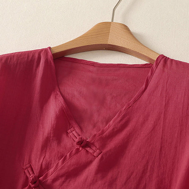 Buddha Stones Casual Zen Plain Slanted V-Neck Chinese Frog-Button Design Women's Cotton Shirt