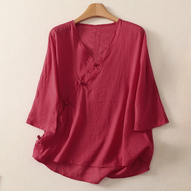 Buddha Stones Casual Zen Plain Slanted V-Neck Chinese Frog-Button Design Women's Cotton Shirt