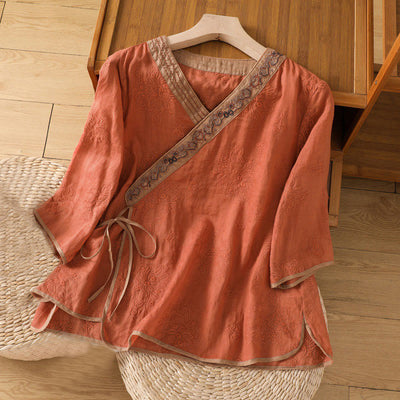 Buddha Stones Summer Vintage Embroidery Plant Floral Lace-Up Design V-Neck Women's Cotton Linen Shirt