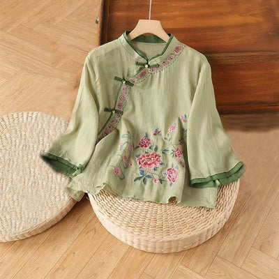 Buddha Stones Vintage Zen Embroidery Plant Floral Pattern Chinese Frog-Button Design Three Quarter Sleeve Women's Cotton Linen Shirt