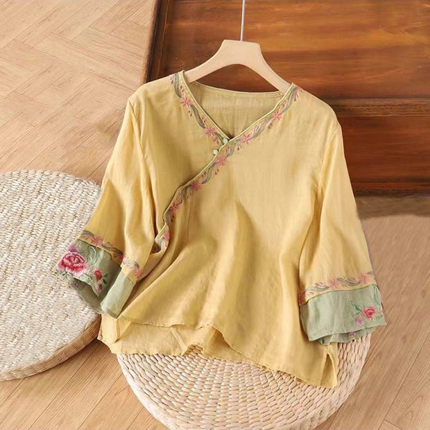 Buddha Stones Spring Retro Embroidery Button Design Three Quarter Sleeve Women's Cotton Shirt
