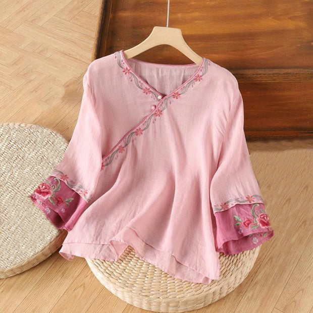 Buddha Stones Spring Retro Embroidery Button Design Three Quarter Sleeve Women's Cotton Shirt