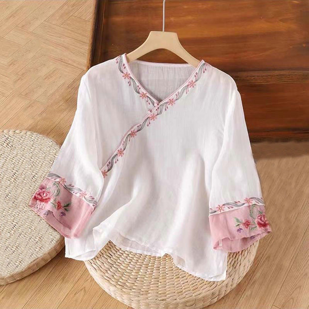 Buddha Stones Spring Retro Embroidery Button Design Three Quarter Sleeve Women's Cotton Shirt