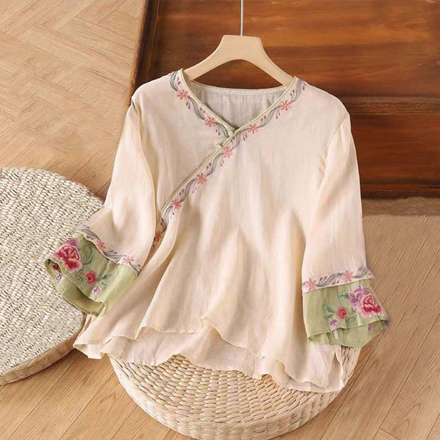 Buddha Stones Spring Retro Embroidery Button Design Three Quarter Sleeve Women's Cotton Shirt