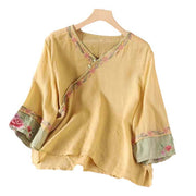 Buddha Stones Spring Retro Embroidery Button Design Three Quarter Sleeve Women's Cotton Shirt