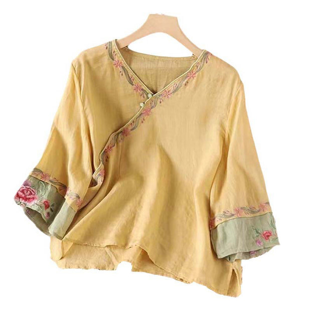 Buddha Stones Spring Retro Embroidery Button Design Three Quarter Sleeve Women's Cotton Shirt